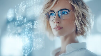 Woman in Glasses Looking at a Futuristic Holographic Display, Representing Modern Technology and Digital Interface