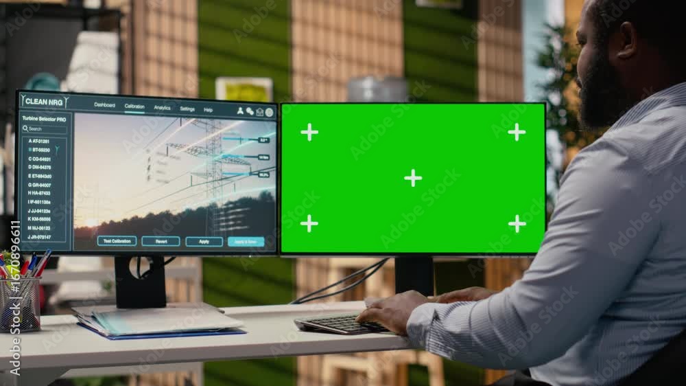 Poster engineer works on power line tower cad design on isolated screen pc in office. rd department expert 