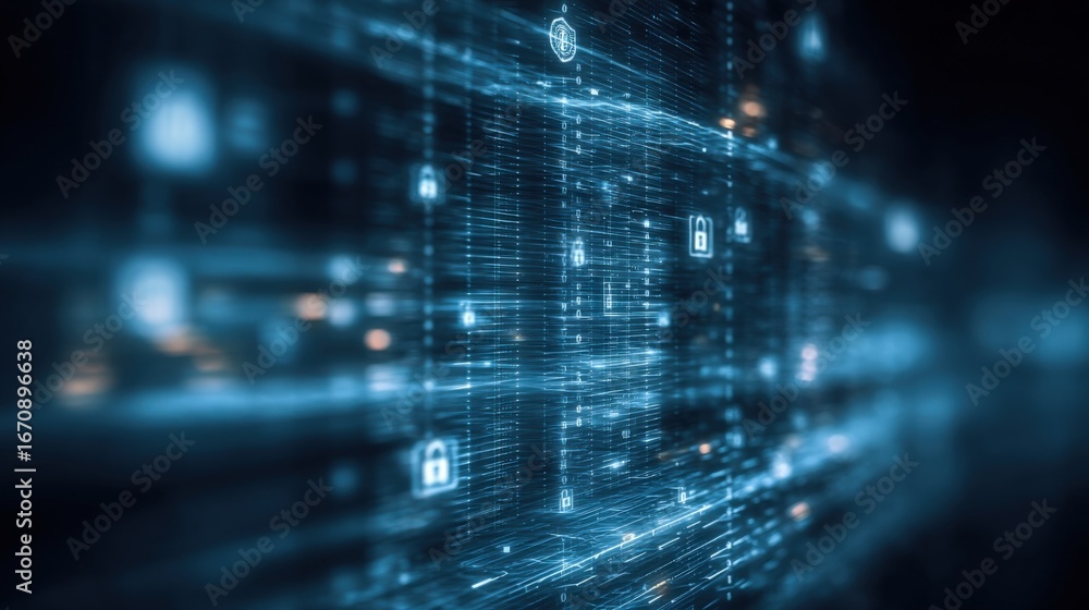 Poster abstract digital network: interconnected data flowing through secure cyber space, representing globa