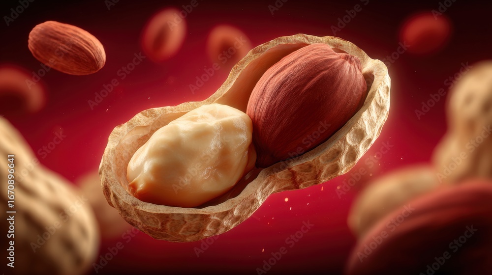 Poster delicious peanuts in shells floating on a red gradient background, representing fresh and nutritious