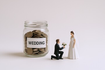 Wedding Budget Concept: Jar Full of Coins with Bride and Groom Figurines Illustrating Financial Planning
