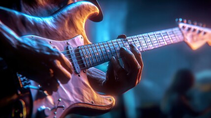 Obraz premium Guitarist Playing Electric Guitar on Stage with Blue Lighting, Performing Live Concert Music