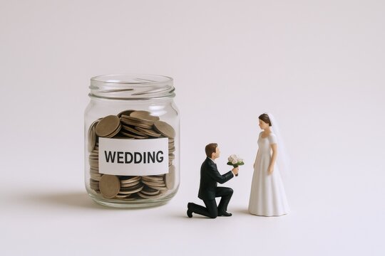 Wedding Budget Concept: Jar Full of Coins with Bride and Groom Figurines Illustrating Financial Planning - Powered by Adobe