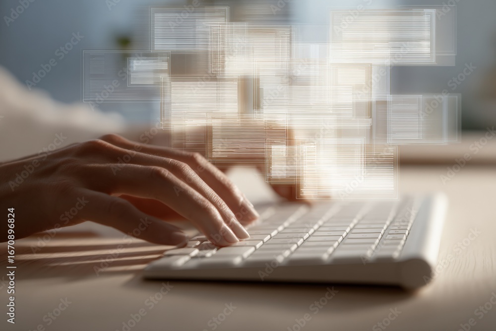 Aufkleber hands typing on keyboard with abstract digital overlay, representing data processing and information