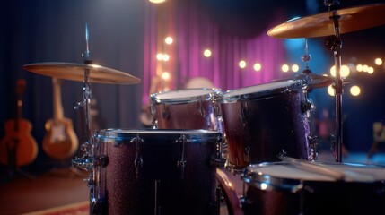Drum Kit on Stage with Guitars in Background, Ready for a Live Performance