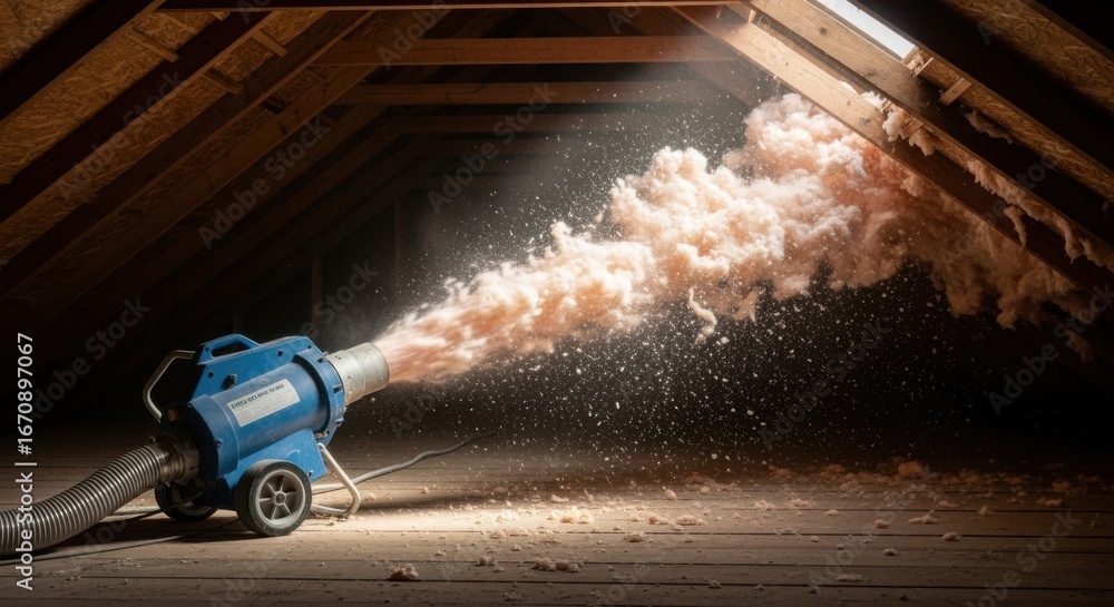 Poster slowmotion footage of lightweight fiberglass insulation blowing out from a diy blower machine into a