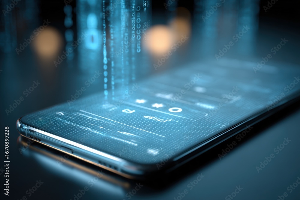 Poster smartphone data stream: futuristic mobile technology with digital information overlay and secure com