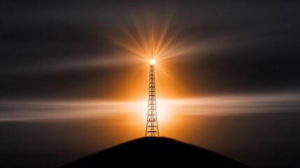 silhouette of radio tower at sunset with glowing signals