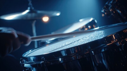 Obraz premium Close-Up of Drum Kit Performance: Professional Musician Playing Drums in Concert with Dynamic Lighting