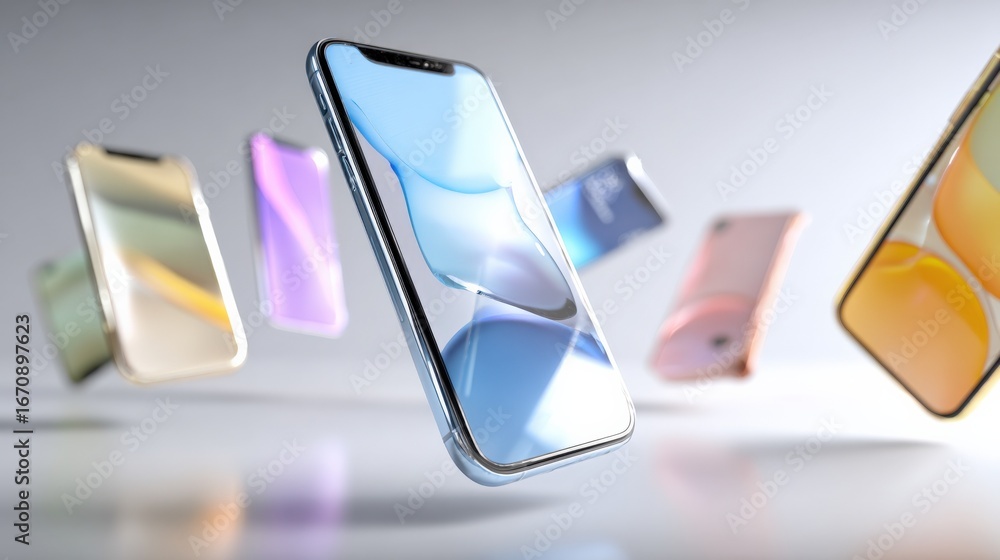 Poster modern smartphone mockup presentation with floating devices displaying colorful screens for advertis