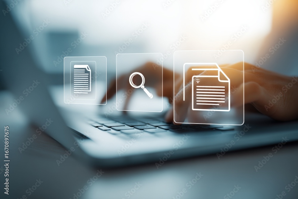 Poster document management system interface: hands on laptop typing with file, search, and edit icons