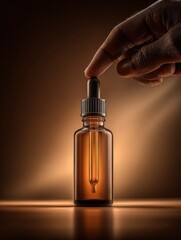 Naklejka premium Serum bottle with dropper and hand, showcasing skincare or aromatherapy product against warm background