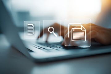 Document Management System Interface: Hands on Laptop Typing with File, Search, and Edit Icons