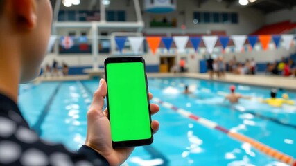 Smartphone with Green Screen: A person holds a smartphone with a green screen against the vibrant backdrop of a swimming pool, allowing versatile integration of digital content. - Powered by Adobe