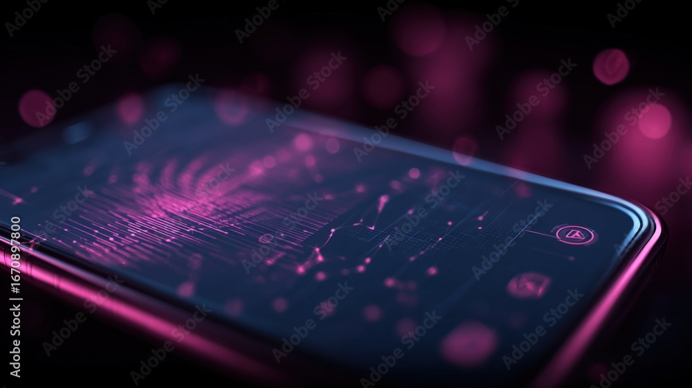 Poster smartphone displaying futuristic technology interface with glowing pink light and cybernetic style, 