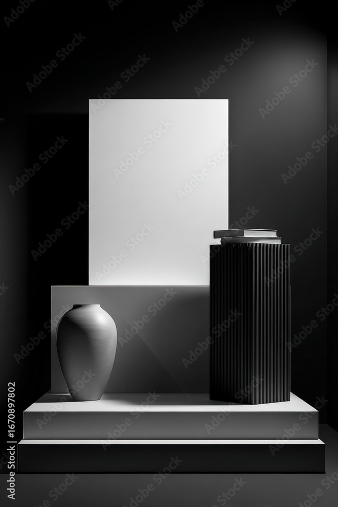 Poster minimalist composition with geometric shapes, neutral tones and contrasting textures for product moc