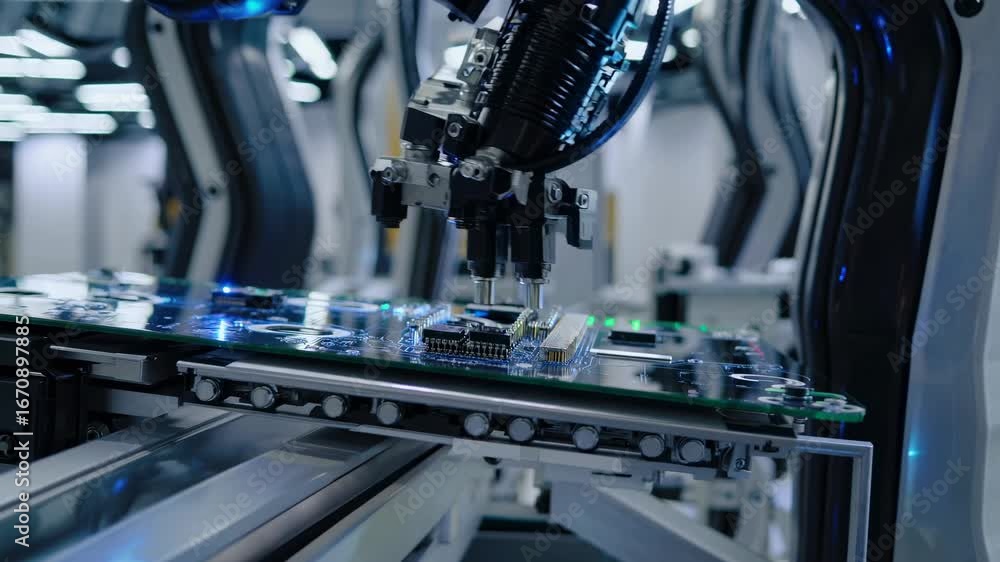 Poster futuristic lab with advanced robotics and screens displaying data. low-angle shot emphasizes technol