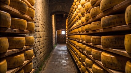 Fototapeta premium Large room full of shelves stuffed with a variety of cheese wheels, suitable for showcasing cheese shops, dairy farms, and food storage solutions.