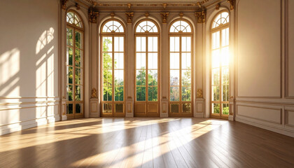 Fototapeta premium Sunlight wooden floor empty room large window classical interior bright natural light warm atmosphere