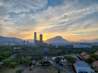 Monterrey Skyline with Sunset Behind Iconic Mountain