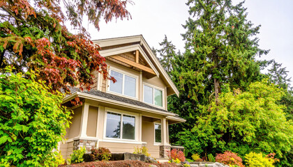 Modern house exterior with large windows surrounded by lush green and autumn foliage under bright sky, creating peaceful and inviting atmosphere in natural setting