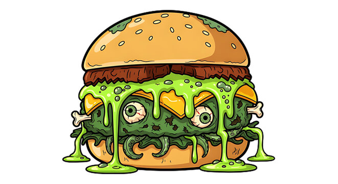 A cartoon style zombie burger with green slime and eyeballs on a black background illustration art on transparent background