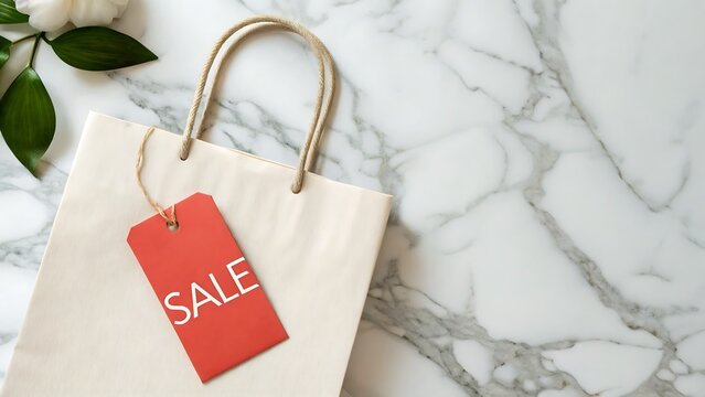 Sale tag on a bag near flowers on marble stone suitable for marketing and advertising materials. Great for summer promotions. 