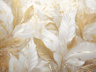 Textured light wallpaper with leaf pattern, white brush strokes and golden dots