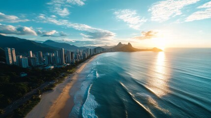 Stunning sunset over coastal cityscape rio de janeiro aerial photography urban environment panoramic view natural beauty
