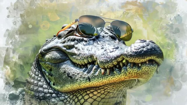 Green alligator wearing sunglasses in a swampy area.