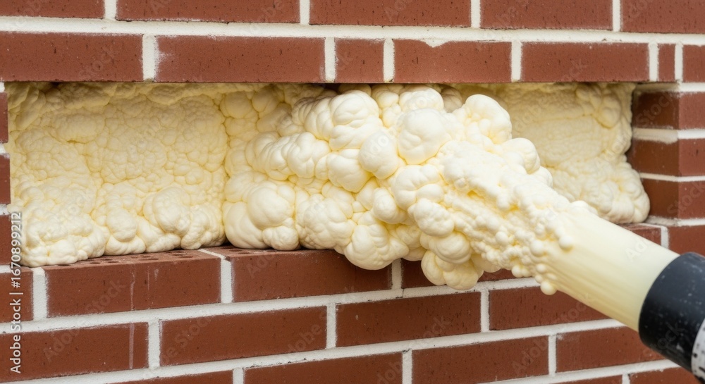 Poster slowmotion shot showing expanding insulation foam filling empty spaces between double brick walls fo