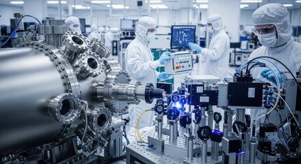 Side shot showing the integration of a vacuum chamber and laser system components during EUV lithography rig assembly in a clean semiconductor fab.