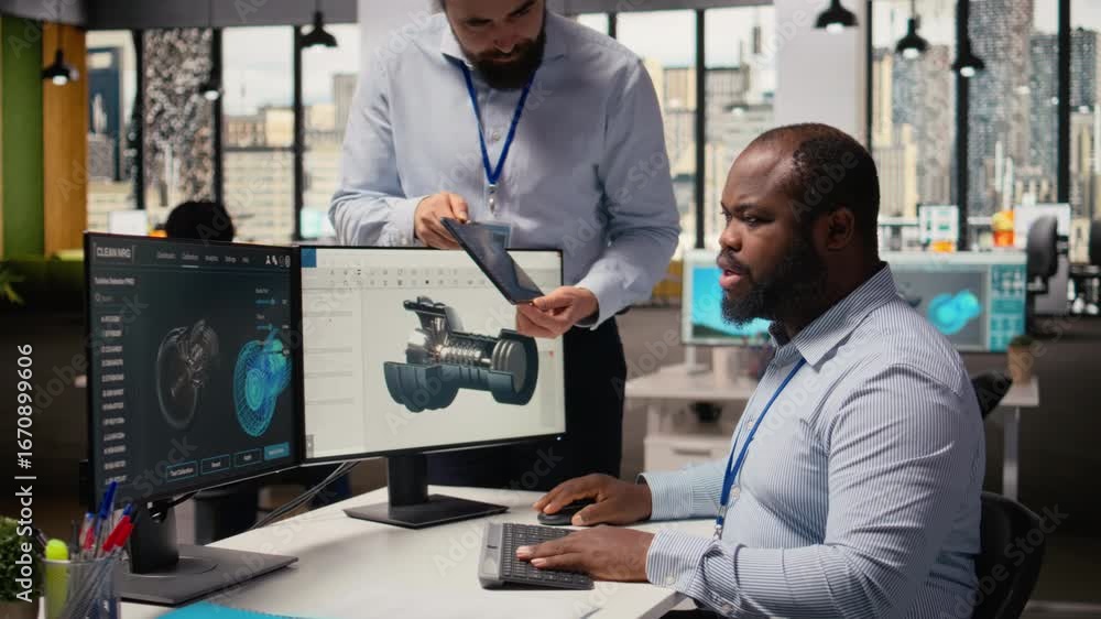 Poster manager overseeing engineer using cad app to optimize wind turbine design, reducing carbon footprint