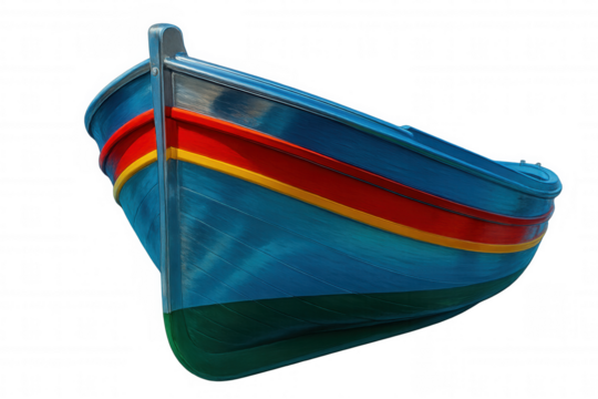 Vintage wooden fishing boat with vibrant paintwork, floating against transparent background, perfect for nautical graphic design
