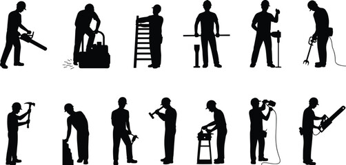 Male construction workers silhouettes using tools, wearing hard hats, operating machinery, standing, working, hammering, drilling, sawing, building, teamwork, labor, safety, industry