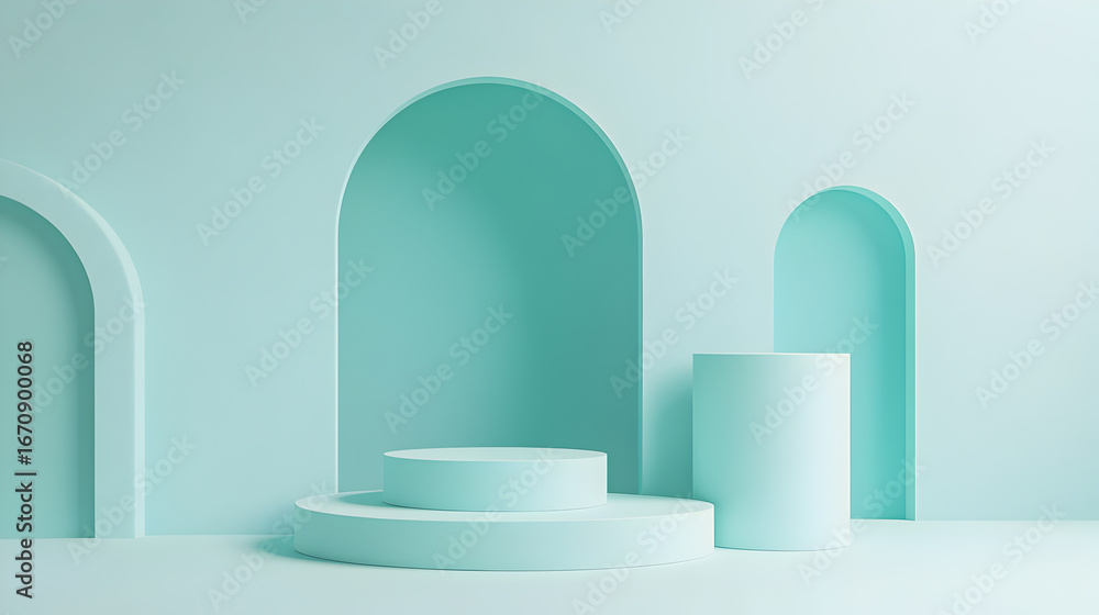 Poster minimalist product display with arches and podiums