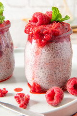 Detailed close-up of a raspberry chia pudding