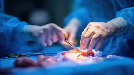 Focused image of hands in sterile gloves carefully suturing vessels of geneedited pig kidney surgical field softly blurred to highlight main procedure area.