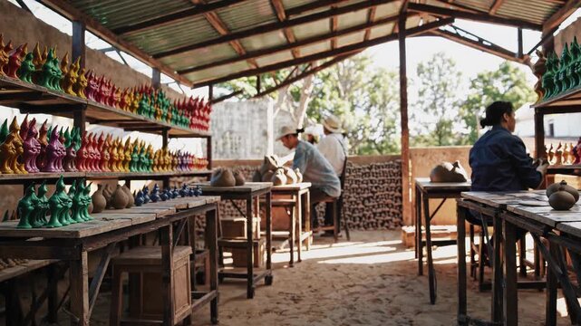 Skilled artisans meticulously shaping and painting vibrant clay figurines, showcasing the rich tradition of pottery making in a bustling workshop filled with shelves displaying finished artwork
