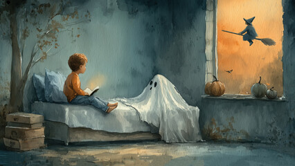 Halloween night with child reading scary story with ghost, pumpkin and flying witch outside window, watercolor