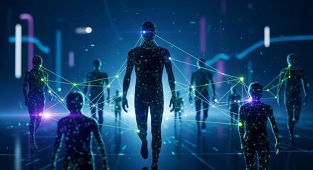 Interconnected human figures network digital technology concept