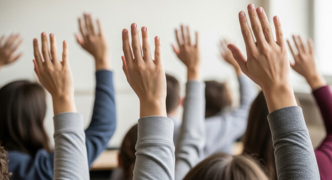 Hands raised in class participation Q&A session style