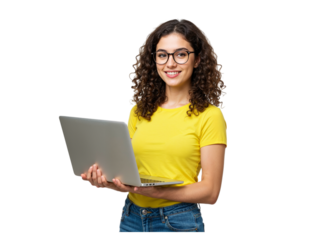 Young woman with curly hair wearing glasses and a yellow t shirt holding a laptop isolated on transparent background