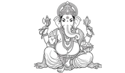 Highly detailed monochrome line art of Lord Ganesha seated with lotus and ornate jewelry. A premium sacred illustration