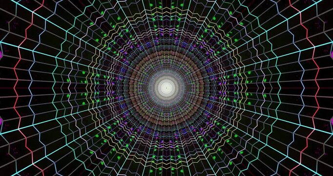 Geometric tunnel with neon grid lines forming a hypnotic kaleidoscopic vortex pattern - Powered by Adobe