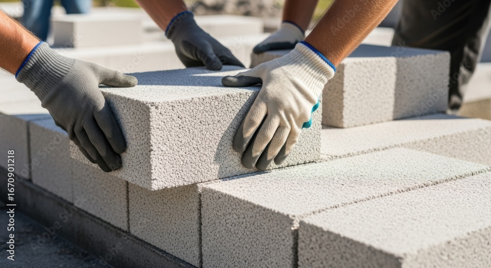 Poster slow motion clip of papercrete blocks being placed precisely on a foundation demonstrating manual la