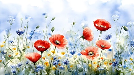 Obraz premium Vibrant Watercolor Poppies and Wildflowers Meadow Summer Floral Painting