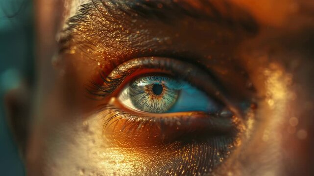 Vivid eye with blue iris and brown eyelashes, set against a dramatic sunrise or sunset sky.