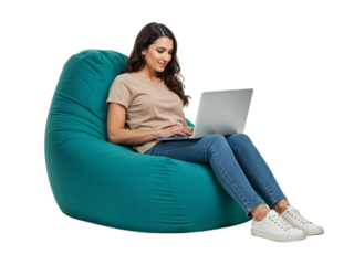 Young woman comfortably working on a laptop while sitting on a large teal bean bag chair isolated on transparent background