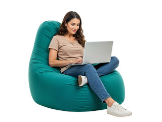 Young woman comfortably sitting on a large teal beanbag chair using a laptop isolated on transparent background